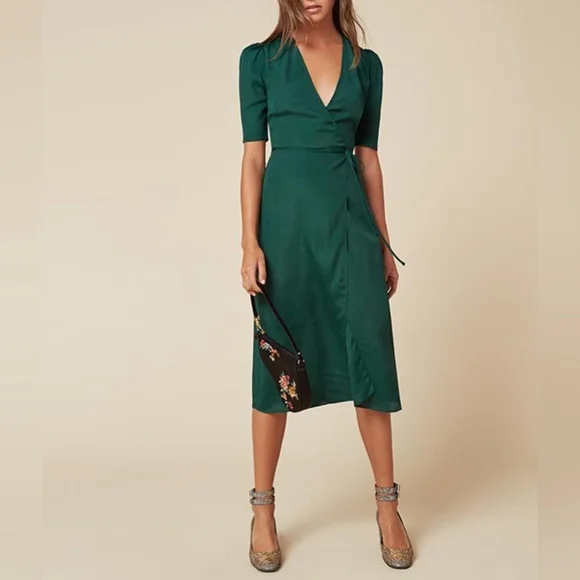 Reformation Marta Green Viscose Surplice Wrap Dress Mini Puff 1/2 Sleeves XS - Picture 2 of 8